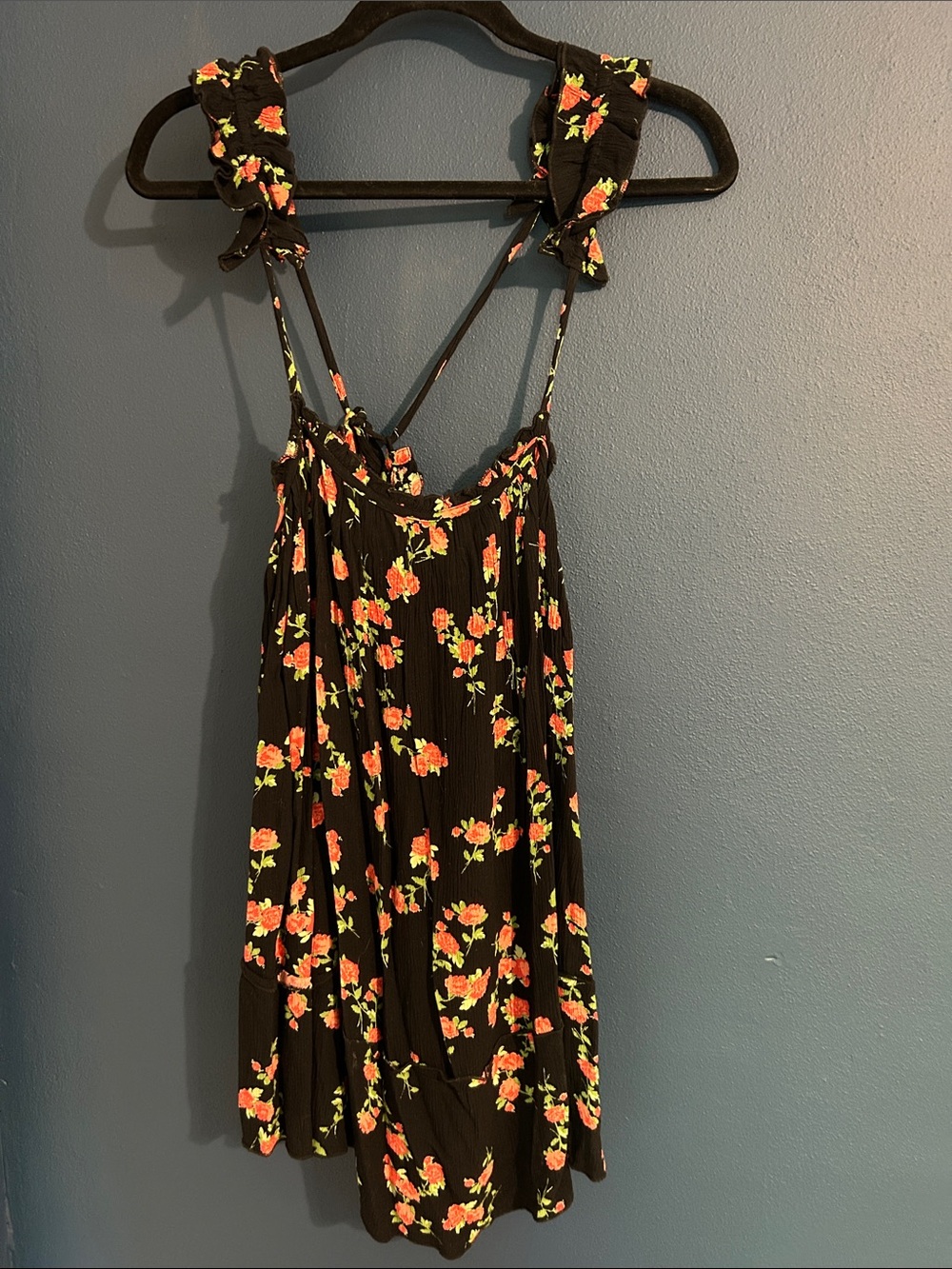 Free People Black Floral Mini Dress with Pink and Green Accents